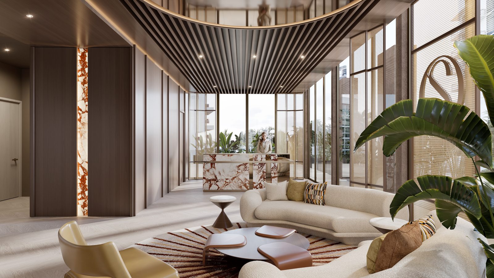 O lounge do lobby, o forro de lâminas e a recepção