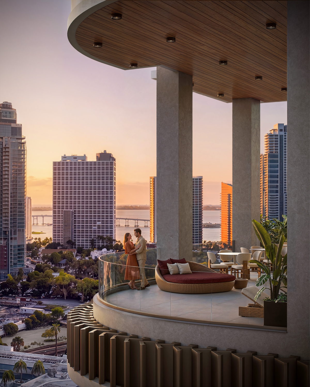O terraço sobre a baía de Biscayne, no pôr do sol